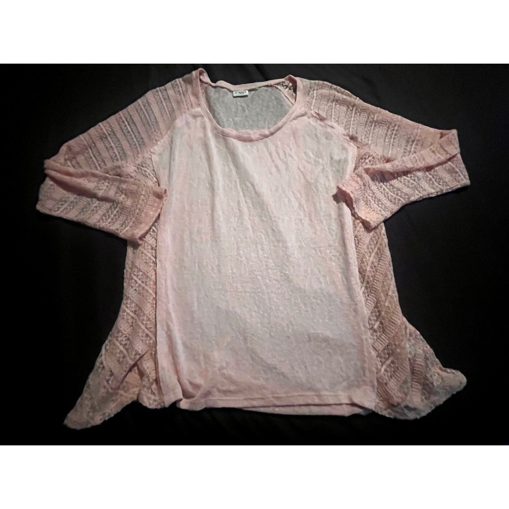 Cato Woman Pink Burnout Knit Top Crochet Lace Long Sleeve Relaxed Fit Round Neck